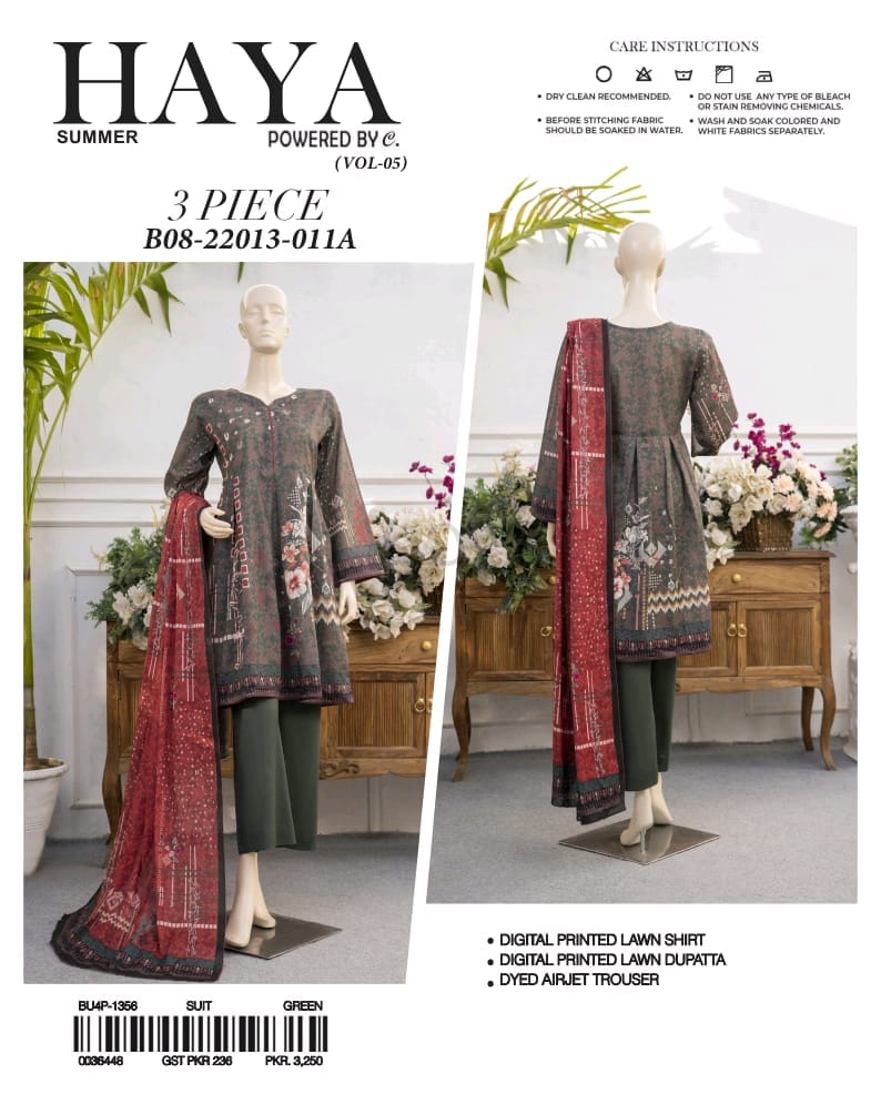 Haya Printed Unstiched Lawn 3PC - Branded Cut Pieces