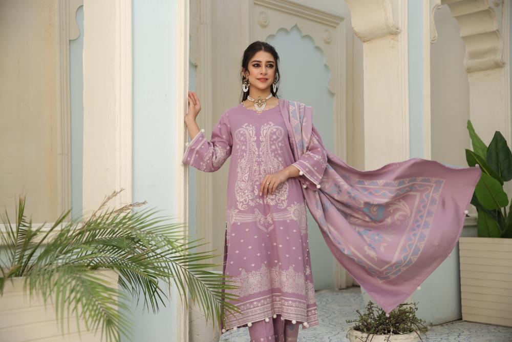 Safa Iman-Self Jacqaurd Khaddar-D-purple-3PC - Branded Cut Pieces