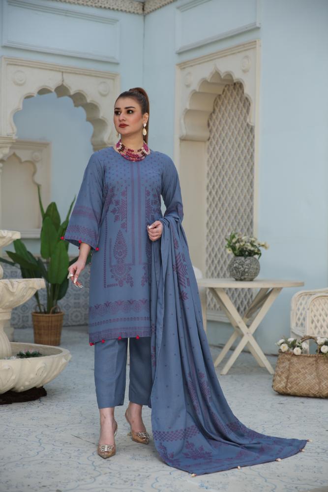 Suhana-Dyed Composed Jacquard Karandi-Blue-3PC - Branded Cut Pieces