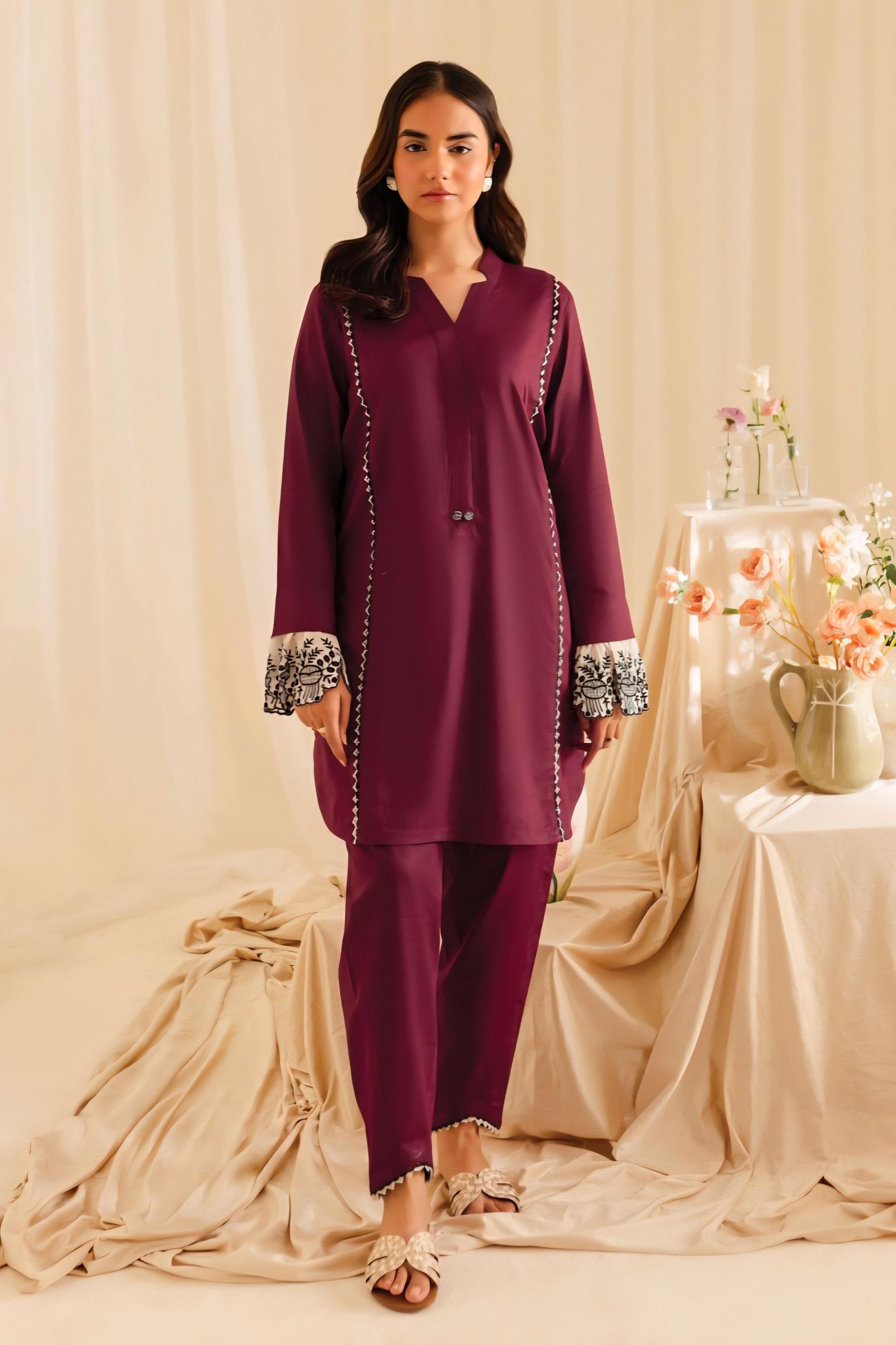 Mahnur Stitched Plain Embroidered Lawn ST 2pc