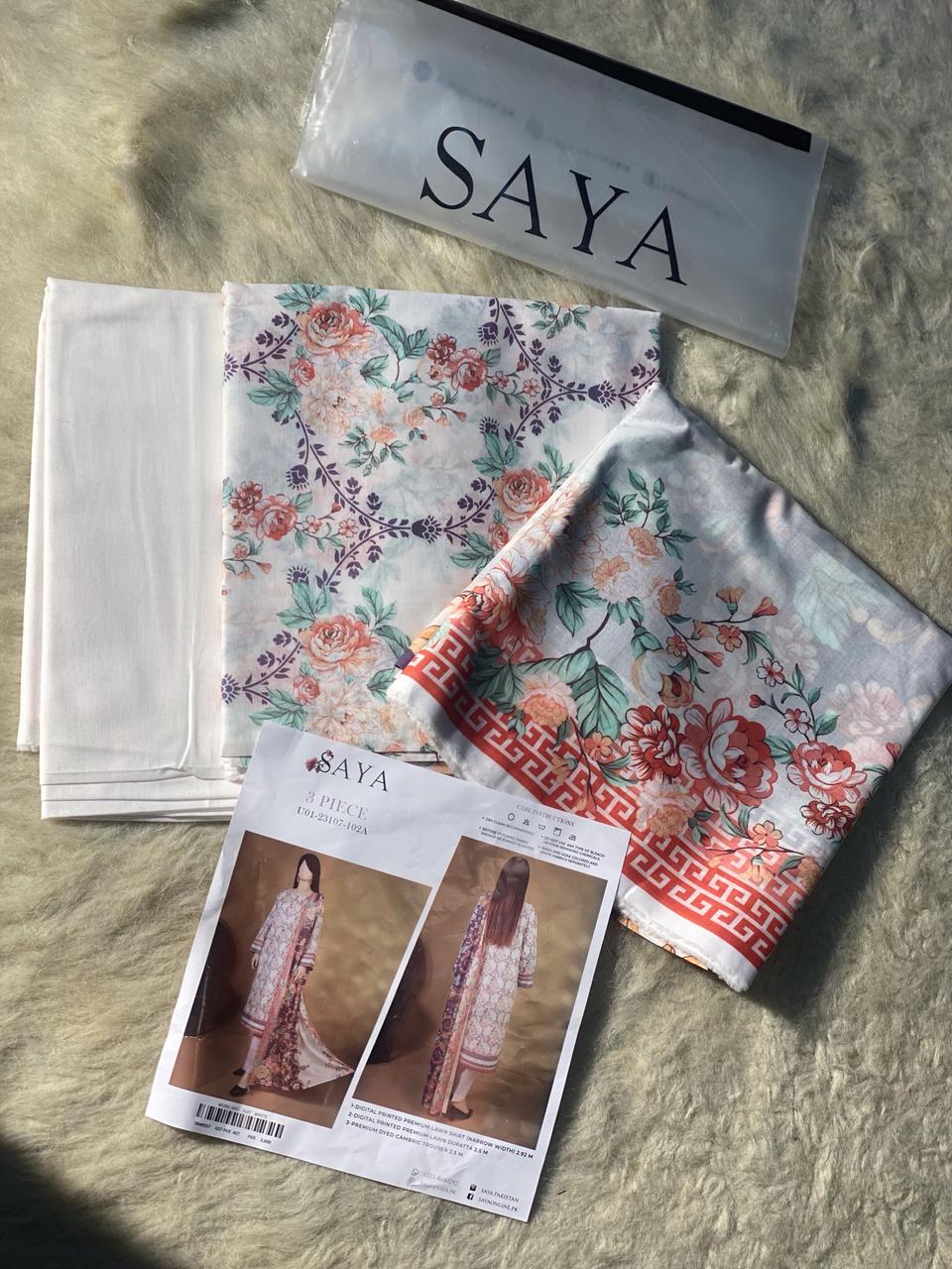 Saya Printed Unstitched Lawn 3pc - Branded Cut Pieces