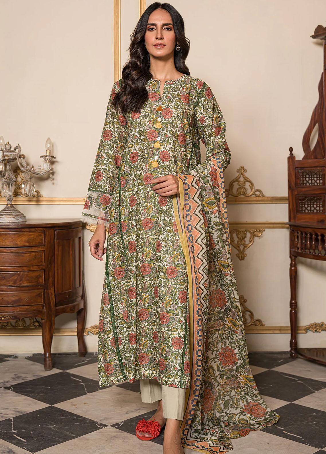 2 PC-DIGITAL PRINTED COTTON CAMBRIC SUIT-GREEN - Branded Cut Pieces